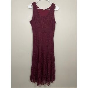 Reba‎ Burgundy Lace Sleeveless Midi Dress Size Medium Western Boho Romantic